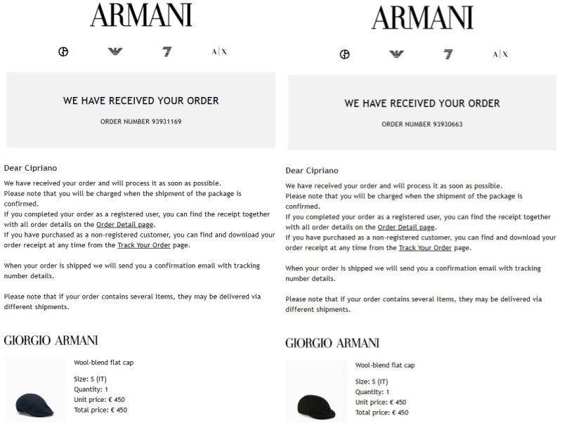 Armani Milano orders Armani Milano orders
